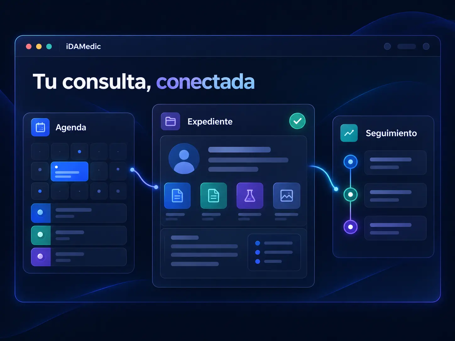 Tu consulta, conectada: ilustración de una agenda, un expediente y su seguimiento unidos por una misma línea de continuidad.